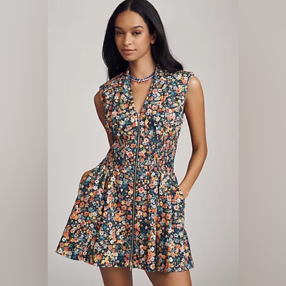 The Tommie Cap-Sleeve Smocked Front-Zip Shirt Dress: Linen Mini Edition
